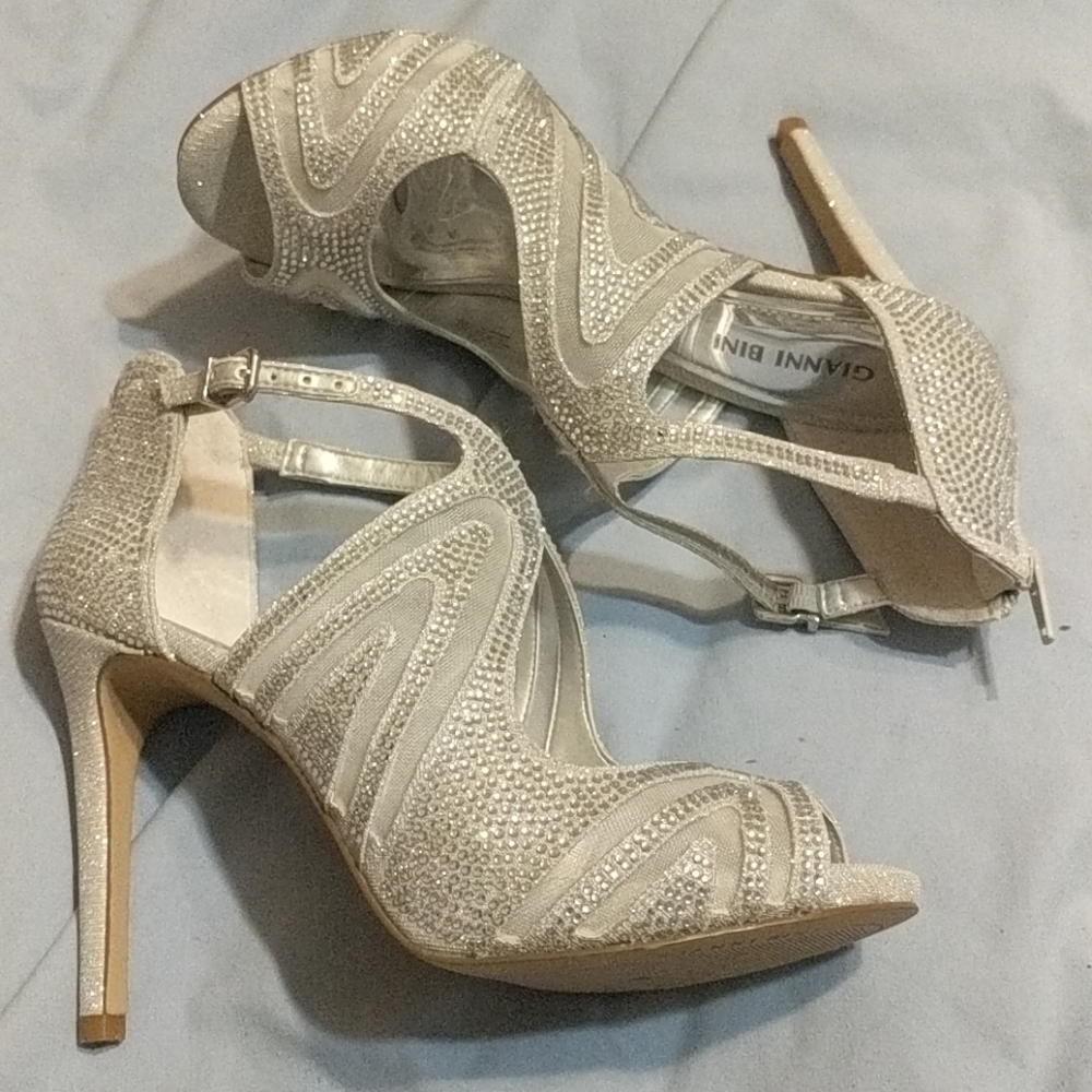 Silver Rhinestone & Mesh open toe heels - Picture 2 of 5